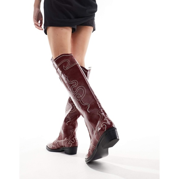 Public Desire | Serpentine Burgundy Snake Embroidered Knee High Western Boots 8 - Picture 4 of 9